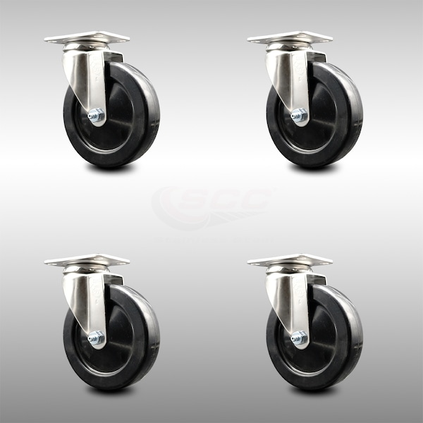 5 Inch 316SS Soft Rubber Wheel Swivel Top Plate Caster Set